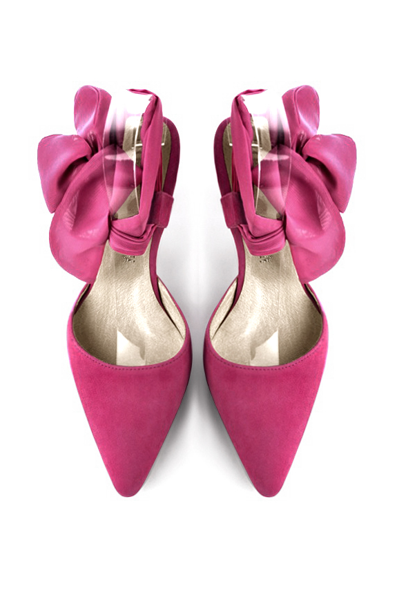 Fuschia pink women's open back shoes, with an ankle scarf. Tapered toe. Medium spool heels. Top view - Florence KOOIJMAN